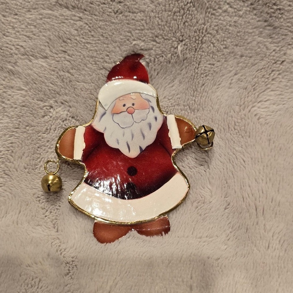 Vintage Santa Claus Jingle Bell Brooch Gold Tone Christmas Holiday Pin Red White
